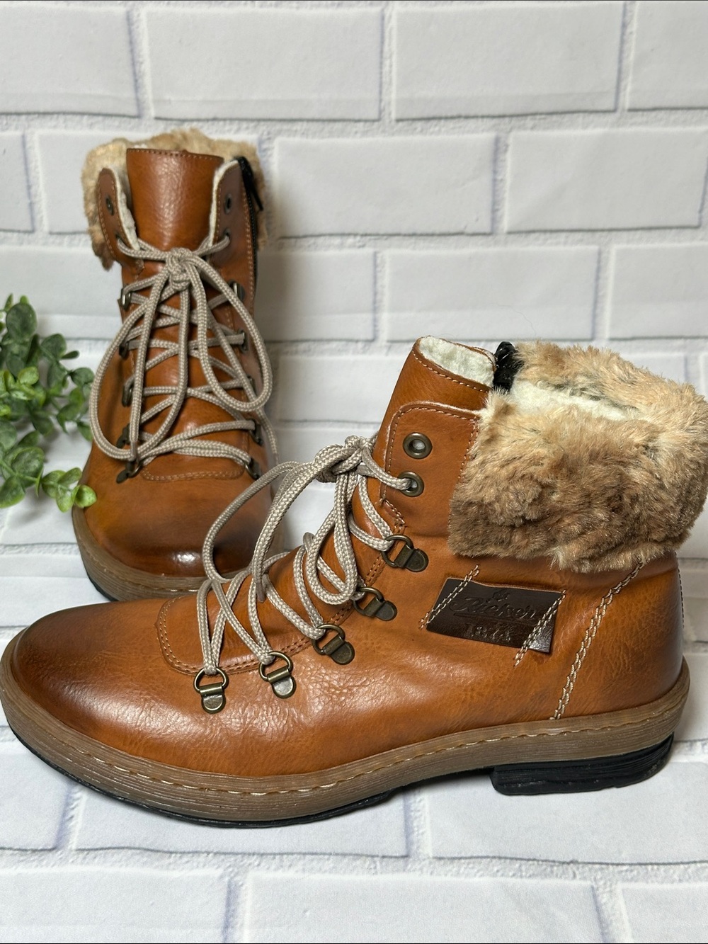 Rieker Women's Brown Faux-Fur Lace-Up Ankle Boots Sz 8.5